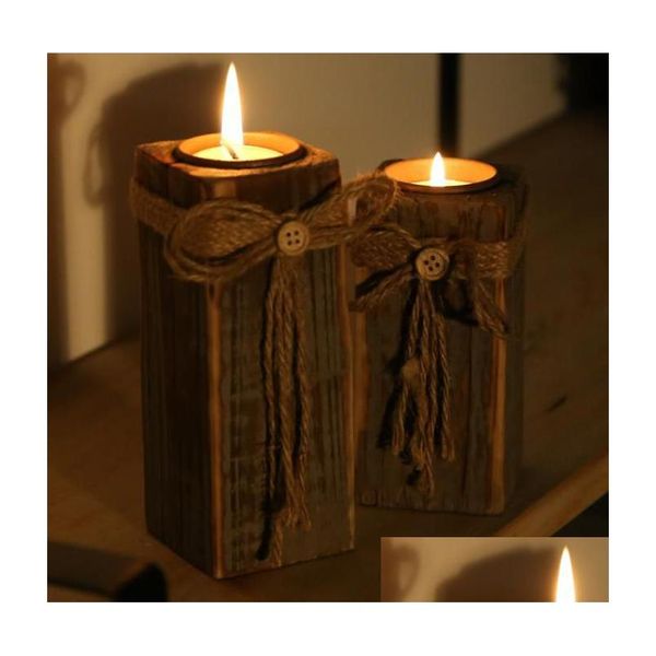 Castiçais de luz de chá de madeira rústica para decoração de festa - Decorações de mesa vintage feitas à mão perfeitas para café em casa e p dhuxq