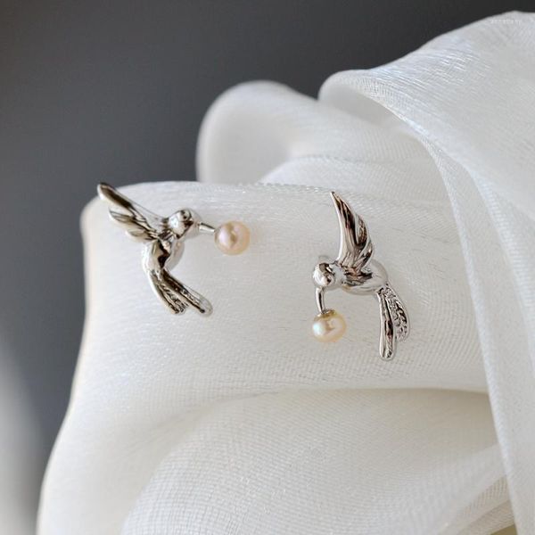 Orecchini a bottone Autentico argento sterling 925 Little Birdie Earstuds Intarsiato Orecchini di perle d'acqua dolce naturale Regalo di gioielli stile moda donna