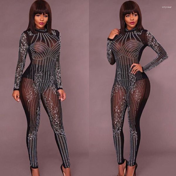 Macacões Femininos Bodycon Manga Comprida Transparente Fashion Mesh Geométrico Strass Macacão Transparente Macacões Brilhantes Combinaison Femme