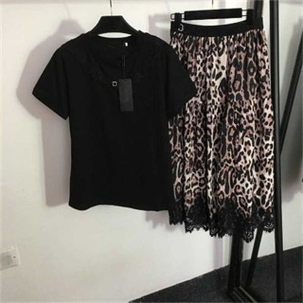 Duas peças vestido de verão mulheres leopardo saias de manga curta renda borda design t-shirt sexy leopardos imprimir cintura alta meia saia designer roupas femininas 55