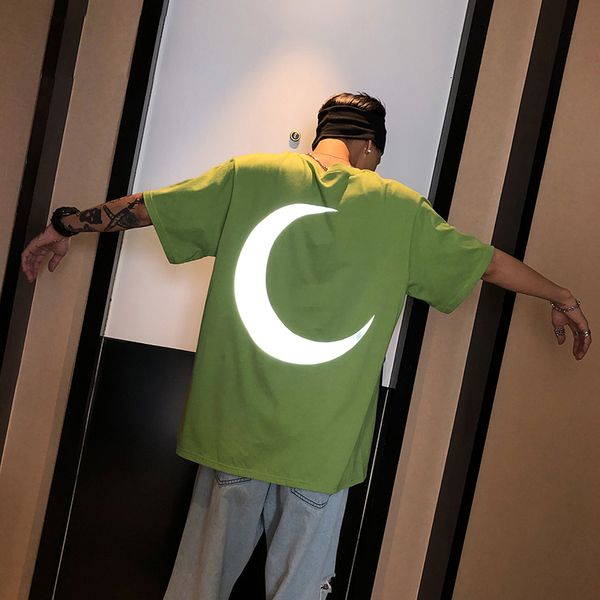 Erkek Tişörtleri Harajuku T Gömlek Yaz Sokak Boy Yansıtıcı Ay Erkekler Streetwear Floresan Yeşil Tshirt Unisex Hip Hop Tees 230627