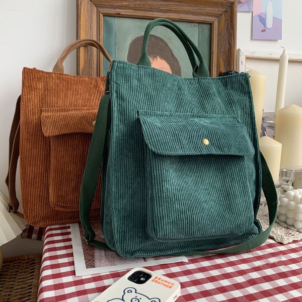 Borse da sera Hylhexyr Borsa a tracolla in velluto a coste Donna Borse per la spesa vintage Cerniera Ragazze Studente Bookbag Borse Tote casual con tasca esterna 230627