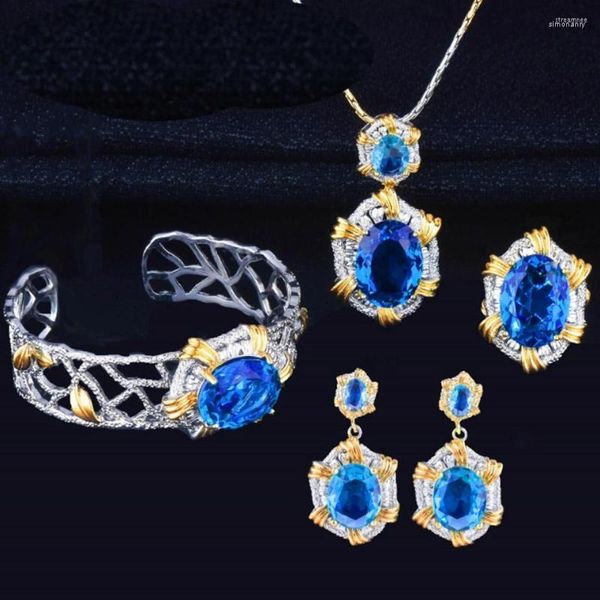 Collana Orecchini Set Zlxgirl Luruxy Marca Blu scuro Verde Zircone Donna Matrimonio Orecchino Braccialetto Anello Gioielli Raffinati Gioielli per coppie