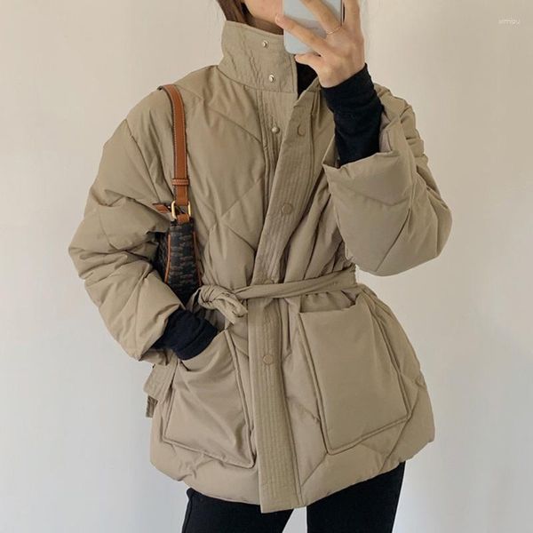 Trench Coats Feminino 2023 Inverno Algodão Acolchoado Feminino Parkas Sólido Abotoado Jaquetas Gola Alta com Cinto Jaquetas Moda Coreana Sobretudos C045