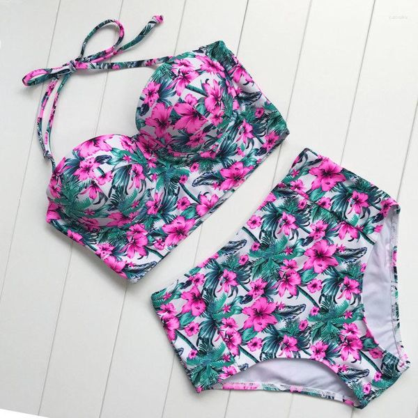 Roupa de banho feminina conjunto de biquíni floral floral de verão cintura alta push-up sutiã acolchoado maiô banho de duas peças roupa de praia