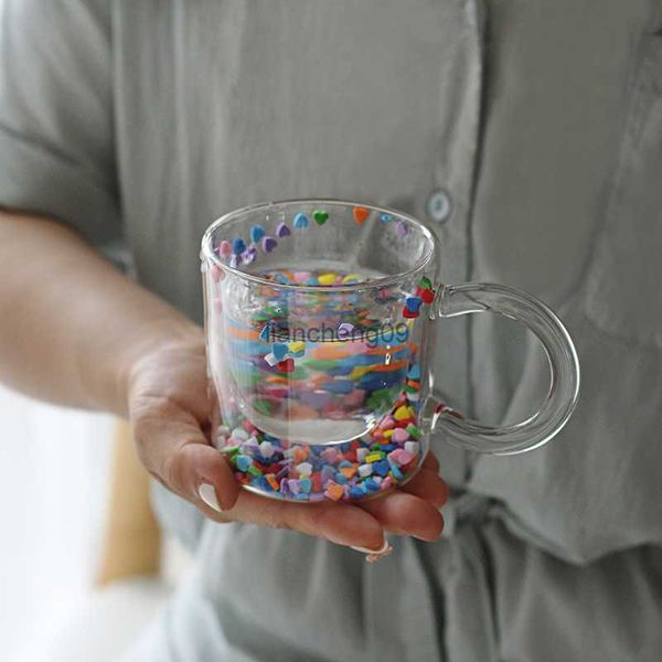 Lazzy House Shining Fairy Double Layer Quicksand Water Cup Grande orecchio Caffè Colazione Isolamento termico Bubble Paillettes Vetro creativo L230620