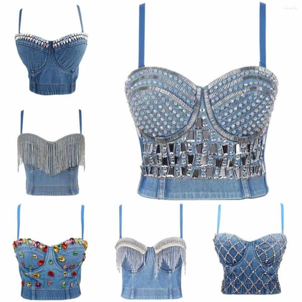 Serbatoi da donna 2023 Sexy Denim Corsetto con strass Canotte Bustini Reggiseno Party Club Streetwear Lingerie Look Costumi di scena