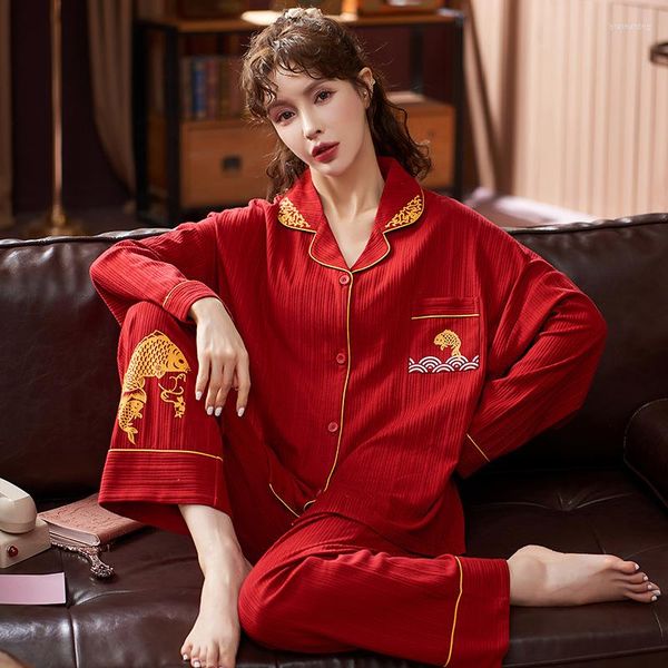 Kadın Pijama Kadın Tam Kollu 2 ADET Pijama Takım Elbise İlkbahar Sonbahar Gevşek Gecelikler Kırmızı Çin Baskı Yılı Ev Giyim Pamuk Rahat