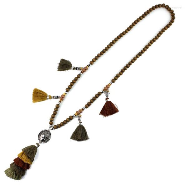 Collane con ciondolo Gioielli di moda Testa di Buddha Pendenti con nappe multistrato Collana lunga con perline di legno per l'inverno