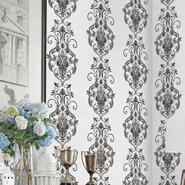Обои в европейском стиле для гостиной с тиснением текстурированные дамасские обои в рулонах 3D обои домашний декор Дамаск классический черный белый