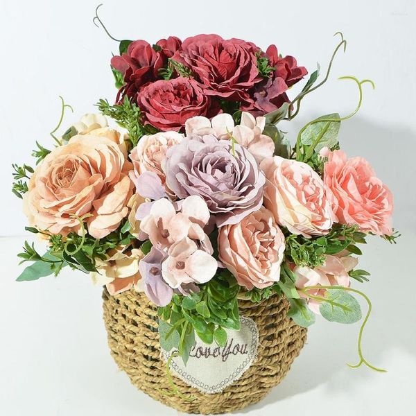 Flores decorativas artificiais peônia seda rosa buquê noiva segurando flor falsa para casamento diy jardim decoração de casa acessórios itens