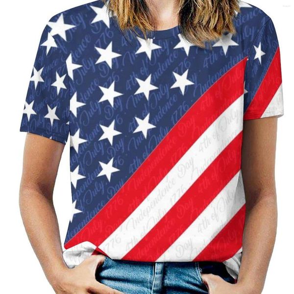 Camisetas femininas com estampa de bandeira estrela EUA 4 de julho Dia da Independência Moderna com decote em O e estampa de manga curta camiseta feminina roupas casuais
