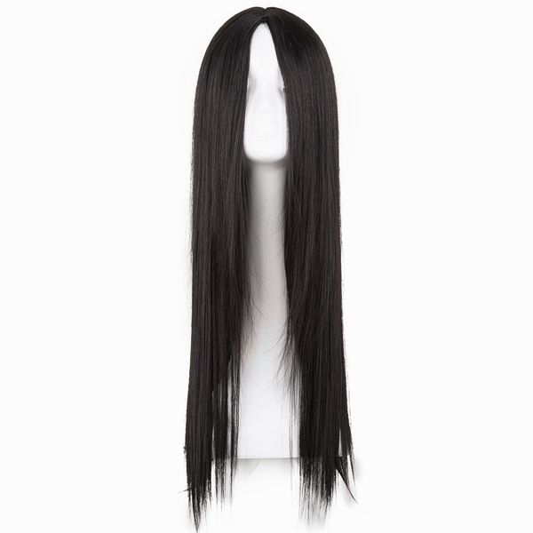 Parrucca nera resistente al calore lunga linea diritta parte centrale capelli costume 26 pollici