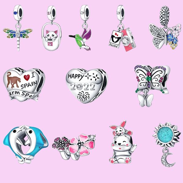 925 Sterling Silber Charms für die Schmuckherstellung für Pandora-Perlen. Anhänger, rosa Katze, Mond, Fliege, Vogel, Schmetterling, Perle