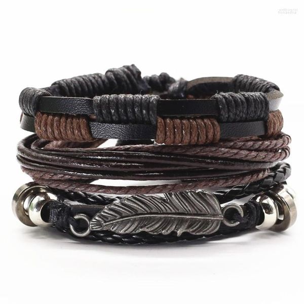 Braccialetti con ciondoli 3 pezzi / set fatti a mano da uomo in pelle marrone perline di legno stella croce piuma donne braccialetto gioielli regalo Homme