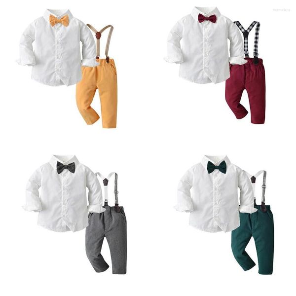 Conjuntos de roupas primaveraoutono crianças meninos suspensórios roupa menino cavalheiro manga comprida camisa branca suspensórios calças roupas