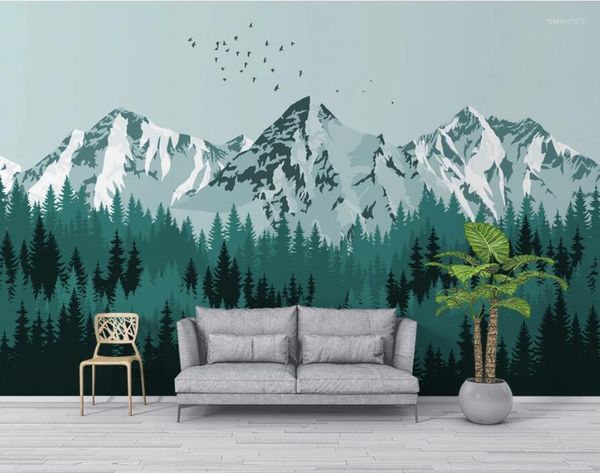 Sfondi Bacal Personalizzato Moderno Nordico Minimalista Pino Verde Foresta Neve Montagna Paesaggio Parete Decorazione della casa Carta da parati 3d Murale