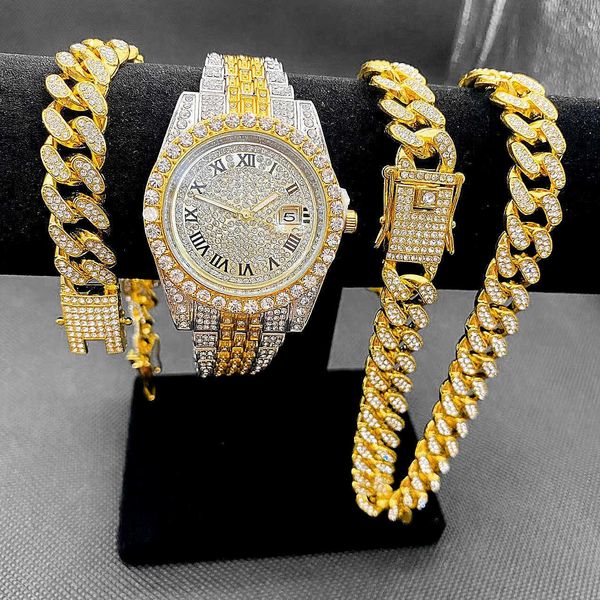 Andere Uhren Full Iced Out Uhren Herren Cuban Link Chain Armband Halskette Choker Bling Schmuck für Männer Große Goldketten Hip Hop Herrenuhr SetHKD2306928