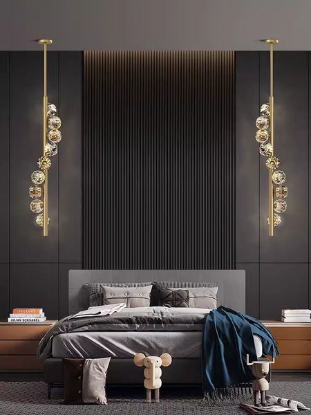 Lustres de cristal de cobre europeu Luminárias de quarto de luxo americanas Lâmpada suspensa de lado para cama Nórdica Art Deco Longa Luminária Decoração de iluminação interna para casa