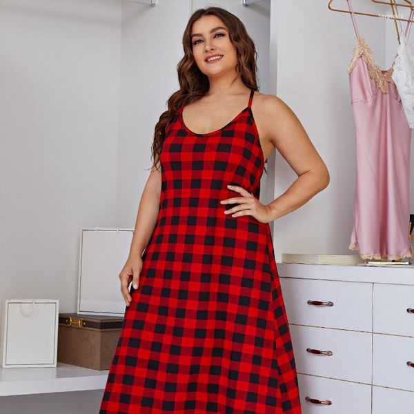 Damen-Nachtwäsche, europäisches und amerikanisches Nachthemd in Übergröße, Riemen, Kreuzrücken, rotes kariertes Kleid, ärmelloses Homewear-Damen-Set