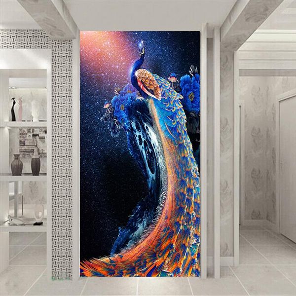 Papel de Parede Personalizado Mural Moderno Minimalista Céu Estrelado Azul Pavão Peônia Floral Alpendre Papel de Parede 3D Po Papel de Parede Papel de Parede