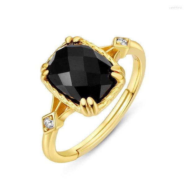 Anelli a grappolo Anello in agata naturale S925 Argento sterling Placcato oro 10k Zircone sfaccettato Nero Donna Gemma Accessori per gioielleria raffinata