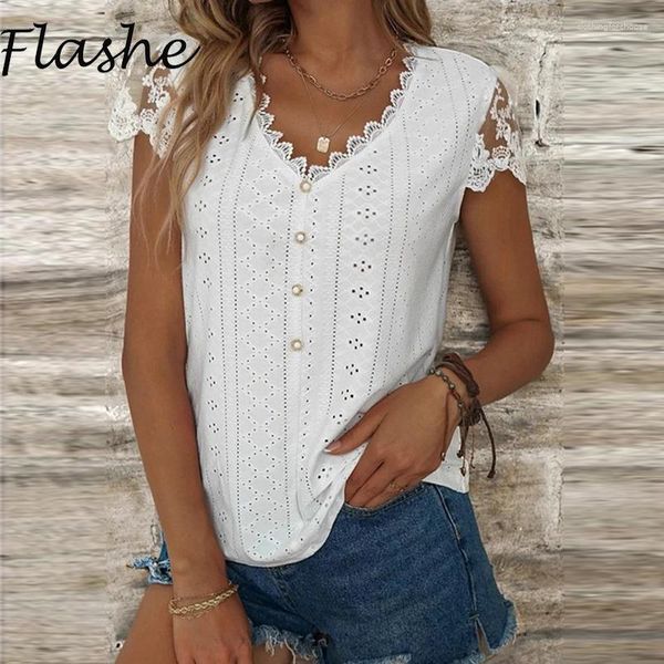 Magliette da donna Camicia estiva in pizzo da donna con scollo a V manica corta scava fuori per top da ufficio casual bianco