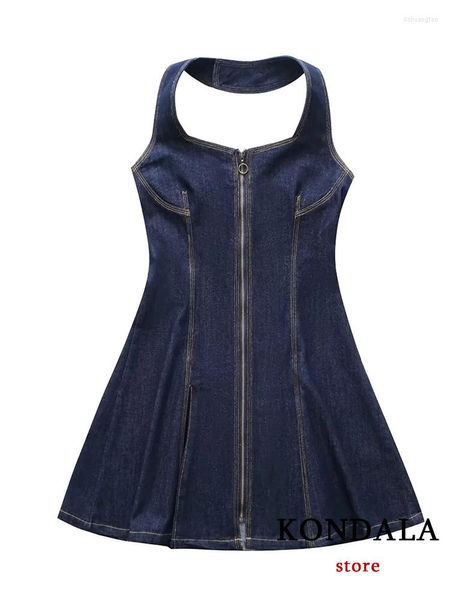 Abiti casual KONDALA Vestito da donna sexy in denim Solid Halter Cerniera frontale Dritto senza maniche Mini Fashion 2023 Summer Y2K Girl