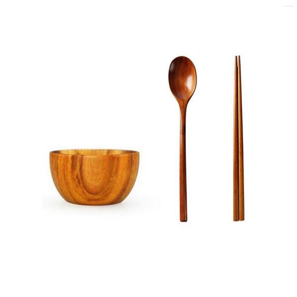 Set di stoviglie Bacchette di legno cinesi retrò Cucchiaio Ciotola Stoviglie Posate portatili Set per la casa con manico lungo