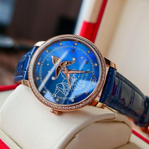 Relógios de pulso Reef Tiger/RT Fashion Womens Watches Blue Dial Rose Gold For Lover Diamonds Ladies Relogio Feminino RGA1550