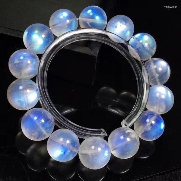 Pulseira de pedra da lua natural azul claro 15 mm tamanho grande contas redondas transparentes mulheres homens