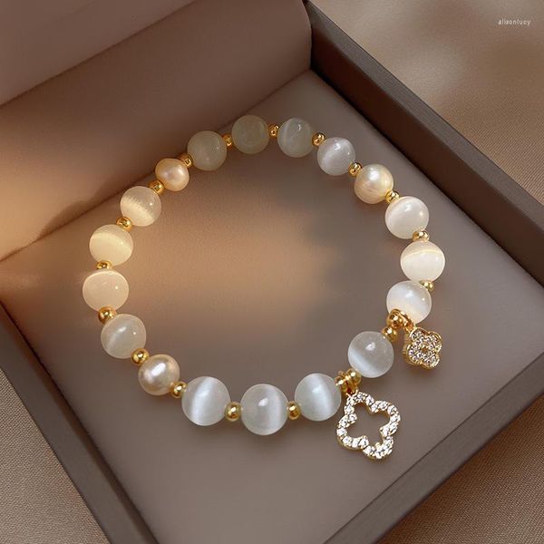Charm Armbänder Kirykle Natürliches Kristallarmband für Frauen Weißer Opal Stein Perle Mode Glück Vierblättriges Kleeblatt Damenschmuck