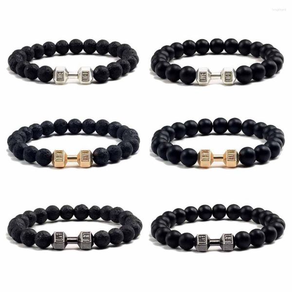 Charm-Armbänder, schwarze Hantel, für Männer und Frauen, natürliche Lavastein-Perlen, Set als Geschenke