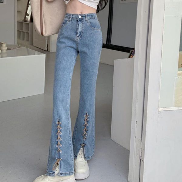 Kadın kot pantolon kadın 2023 kore moda bandaj yüksek bel çizme kesim uzun kot pantolon bayan moda açık mavi düz pantolon yaz