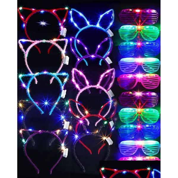 Outros suprimentos para festas de eventos Faixa de cabeça de néon com orelhas de gato de coelho led Óculos de coroa persianas brilhantes para aniversários de carnaval Dhybq