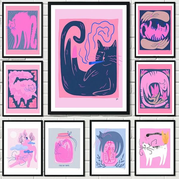 Mode Rauchende Katze Leinwand Malerei Wand Kunst Rosa Weiß Hand Blume Drucke Nordic Poster Und Poster Zimmer Wand Kunstdrucke wohnkultur w06