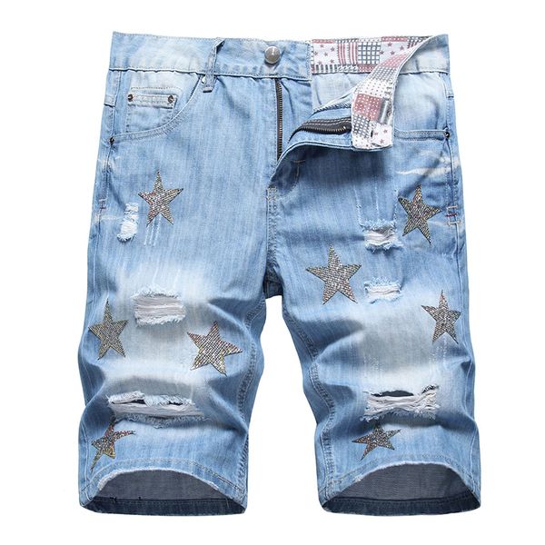 Shorts jeans masculinos de verão azul-claro Fashion Slim-fit na altura do joelho Tamanho 28-42 Calças casuais retas de cintura média