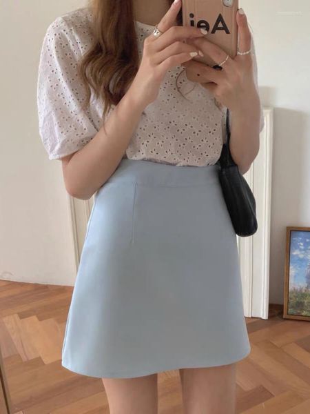 Etekler HOUZHOU Kore Tarzı Mavi Etek Kadın Sevimli Tatlı Temel Düz Yüksek Bel A-line Mini Pantolon Okul Kız Yaz Çalışmak Giymek