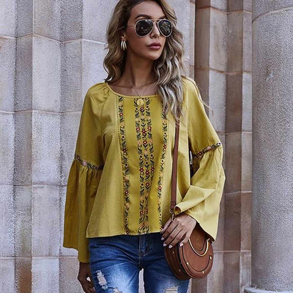 Blusas Femininas KHALEE YOSE Blusa Boho Estampada Floral Camisa Amarela Primavera Verão Mulheres Vintage Chic Manga Flare Étnica Senhoras Tops 2023