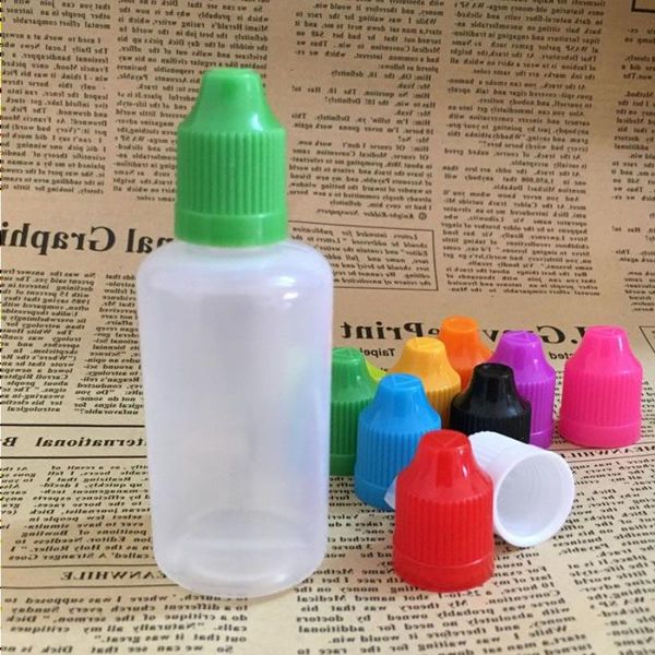 1000pcs bottiglie di plastica vuote 50ml E Juice PE bottiglia con tappo a prova di bambino colorato punta lunga e sottile per Ejuice Eliquid Oil Free DHL Shippin Smsm