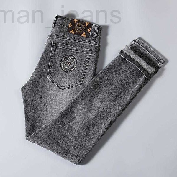 Jeans masculino designer moderno jeans elástico cinza escuro bordado moderno calças compridas casuais lavadas finas 79OR