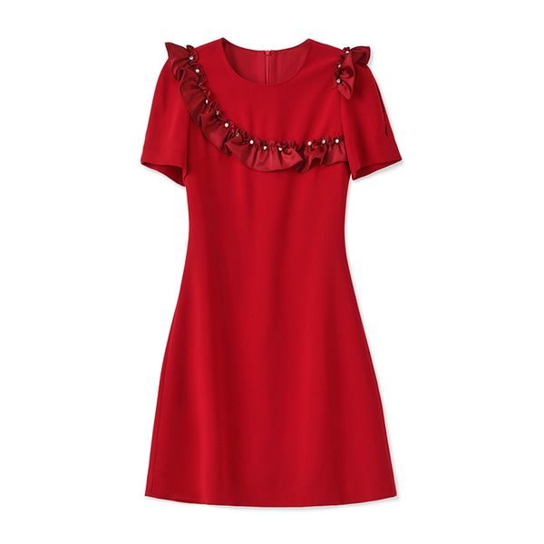 2023 Verão Vermelho Vestido Cor Sólida Manga Curta Decote Redondo até o Joelho Vestidos Casuais W3L049702