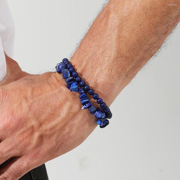 Strand Ensemble de 2 bracelets en perles de pierre de lapis naturel rétro pour homme