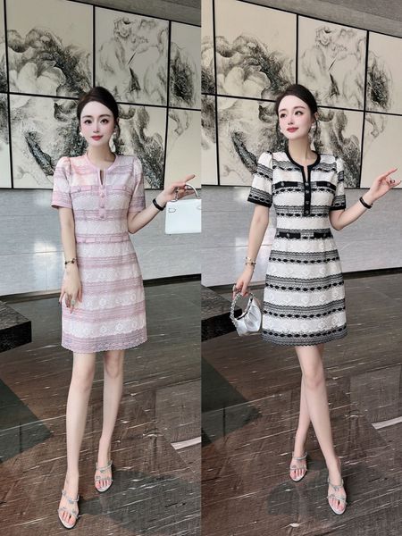 Dantel Kısa Kollu Kontrast Renkli Elbise 2023 İlkbahar ve Sonbahar Kadın Modası Yuvarlak Yaka Kısa Kollu Zarif Elbise Çift Renkli Elbise s-XL Tasarımcı Stili