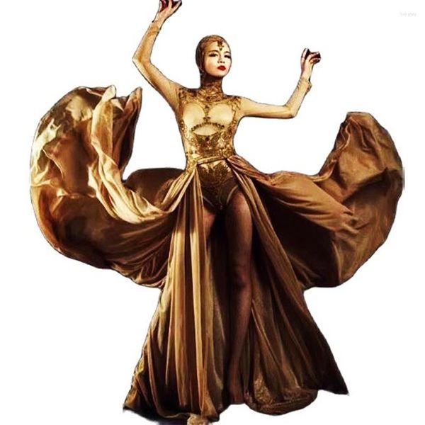 Сценическая одежда Золотое и красное боди Блестящие стразы с длинным рукавом и шлейфом Сексуальный женский купальник Костюм для бальных танцев