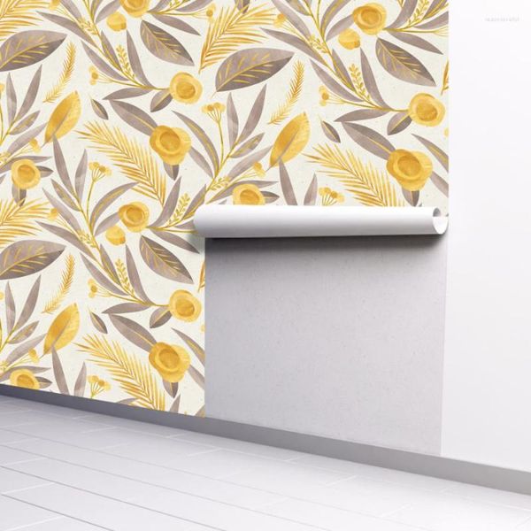 Papéis de parede autoadesivos para plantas folhas de ouro flores papel de parede papel removível para decoração de sala de estar mural de parede 45 cm de largura