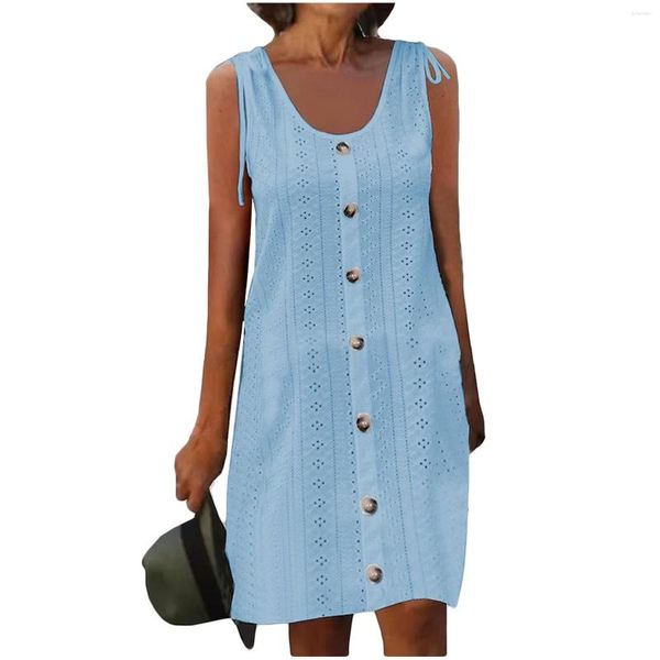 Casual Kleider Damen Sunmer Mode Einfarbig U-Ausschnitt Trägerweste Ärmellos Ausgehöhltes Kleid Komfort Knopf Mini Vestido