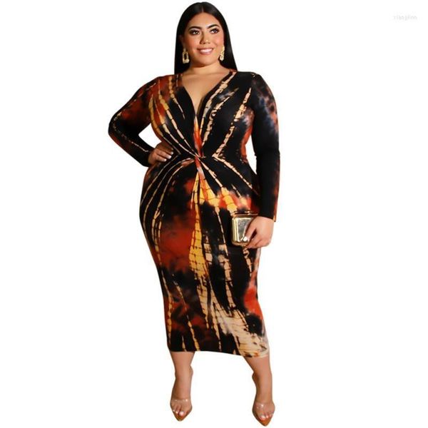 Vestidos plus size colorido estampa tie dye sexy vestido bandagem feminino decote em v profundo manga longa festa outono inverno frente cruzado