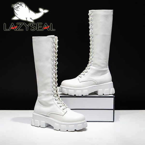 Botas LazySeal Inverno Sapato Longo Branco Lace Up Zíper Altura Aumentante Couro Pu Botas Mujer Tamanho Grande 43 230628