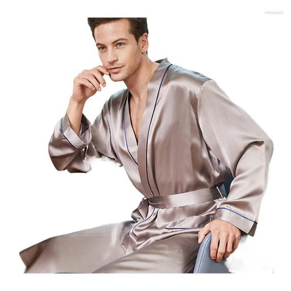 Мужские пижамы, мужские атласные халаты из натурального шелка шелковицы, с длинным рукавом, мужские халаты, легкие для покрытия